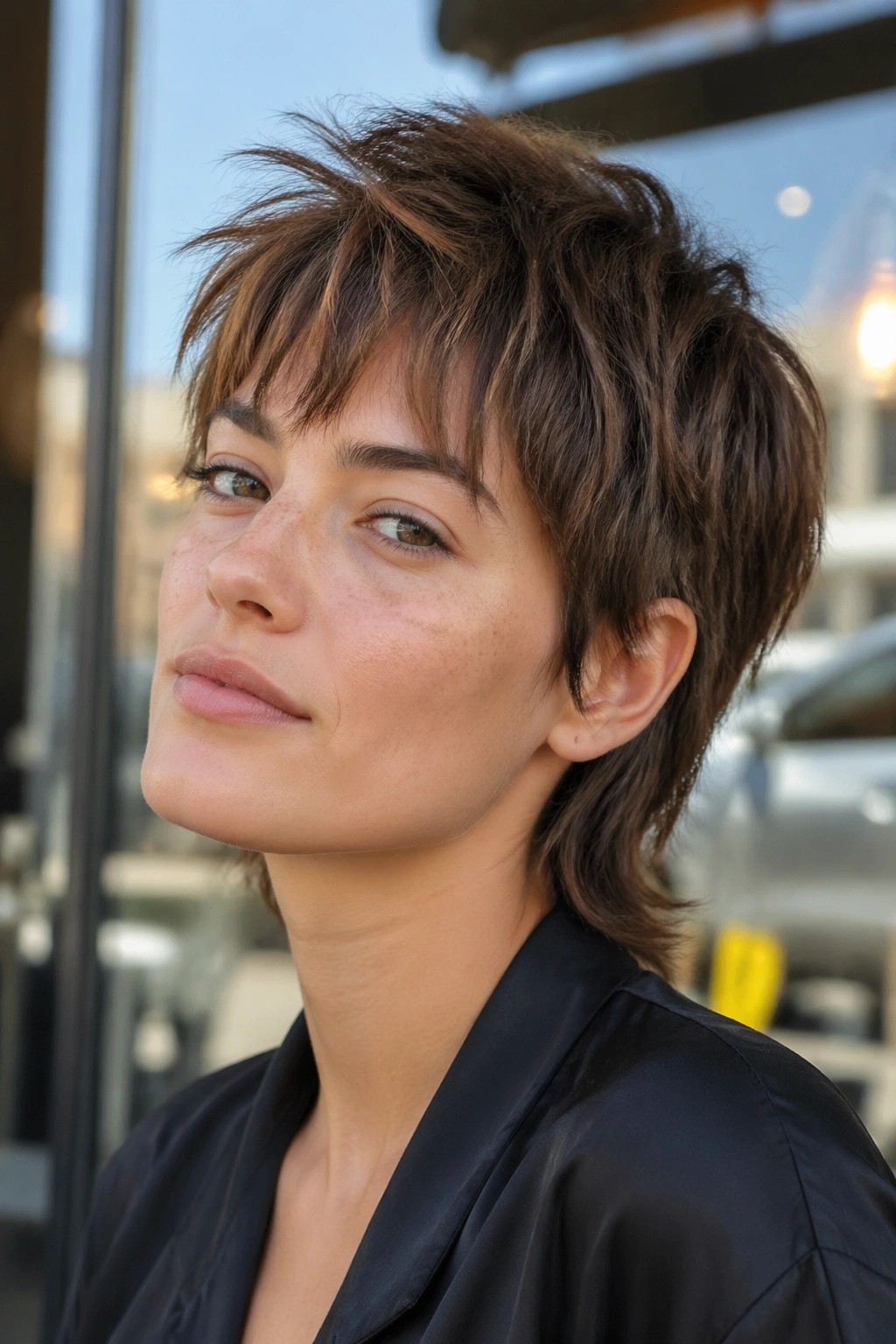 Close-up portrait of a real person with a pixie-length shaggy mullet in daylight