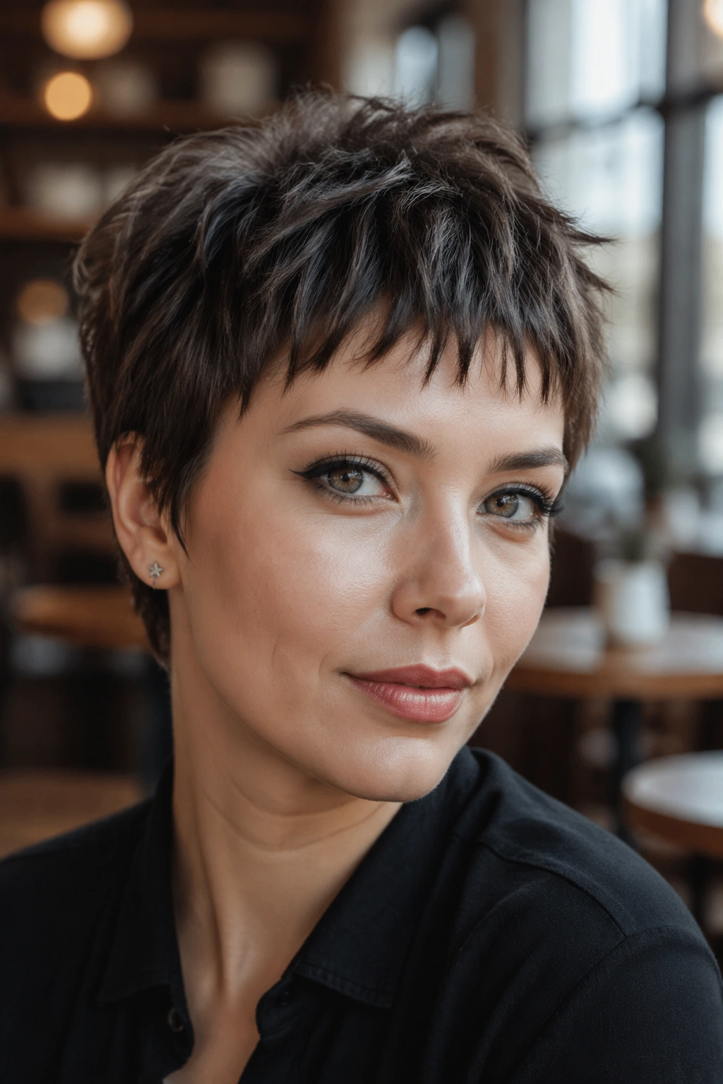 Close-up of a person with choppy textured pixie and micro bangs at a cafe