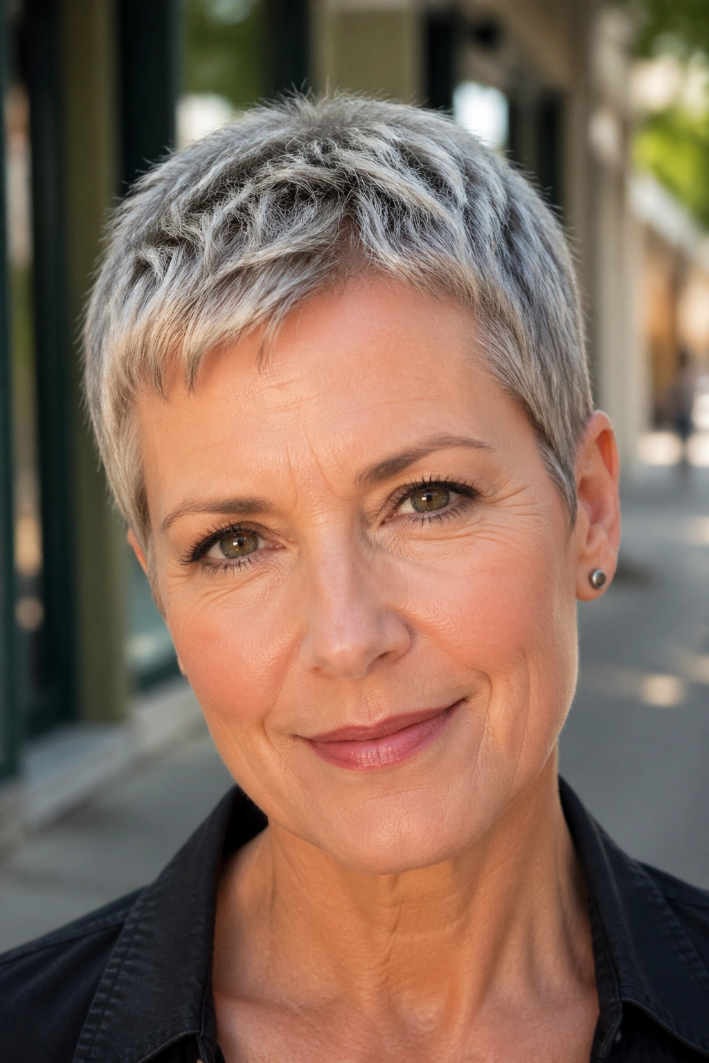 Close-up portrait of a real woman with close-cropped pixie with micro layers