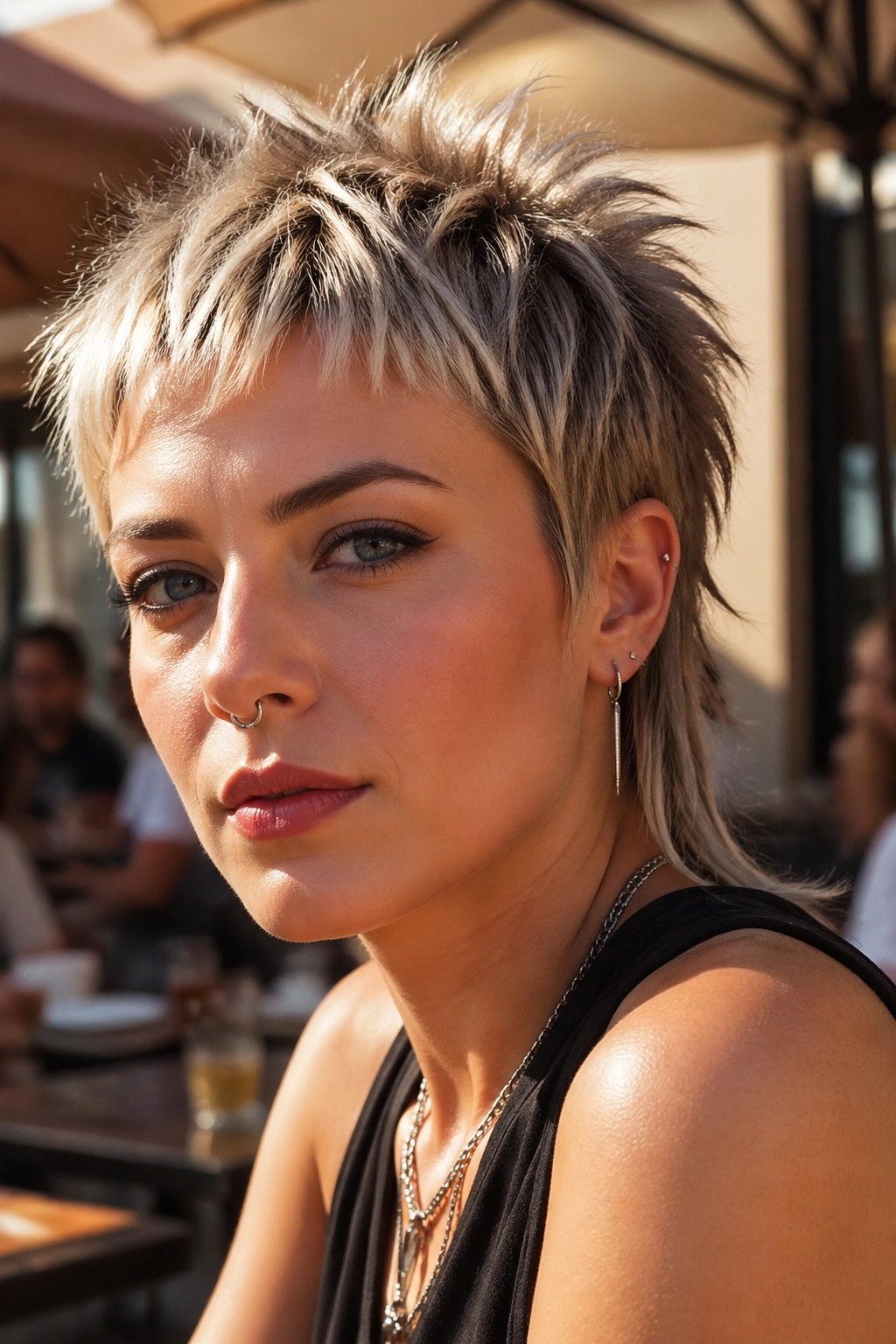 Close-up of a real woman with a choppy crown pixie mullet on a warm cafe terrace
