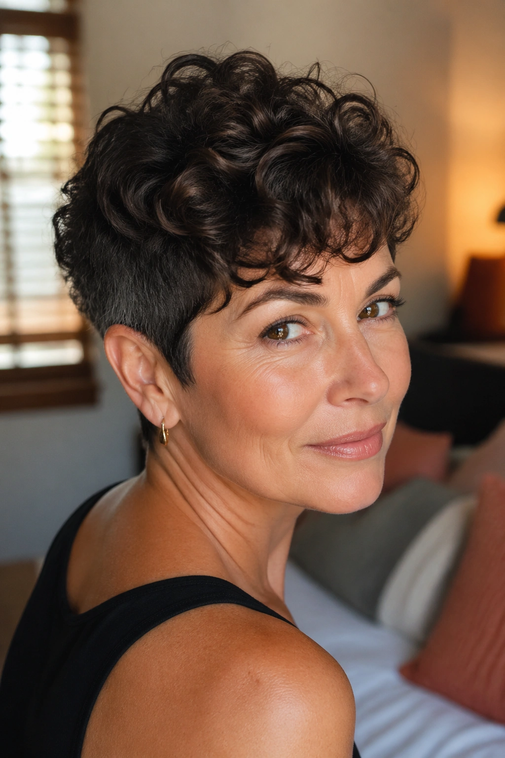 Close-up portrait of a real woman with a pixie perm and soft top under natural window light