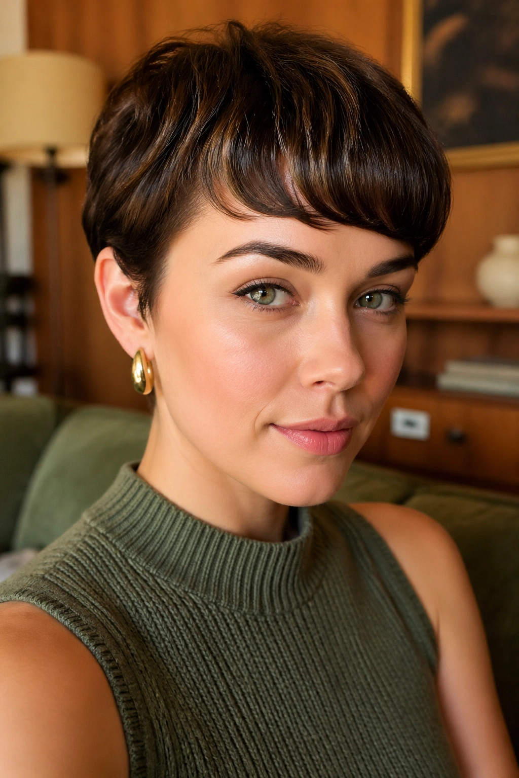 Close-up of a real woman with rounded bangs on a retro-inspired pixie in a vintage room