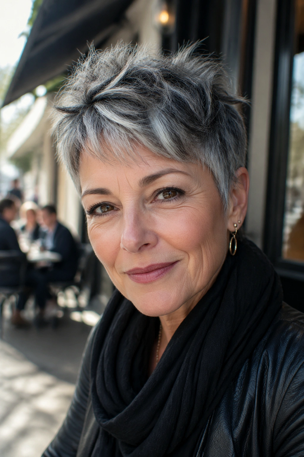 Close-up portrait of a real woman with a tousled salt-and-pepper pixie