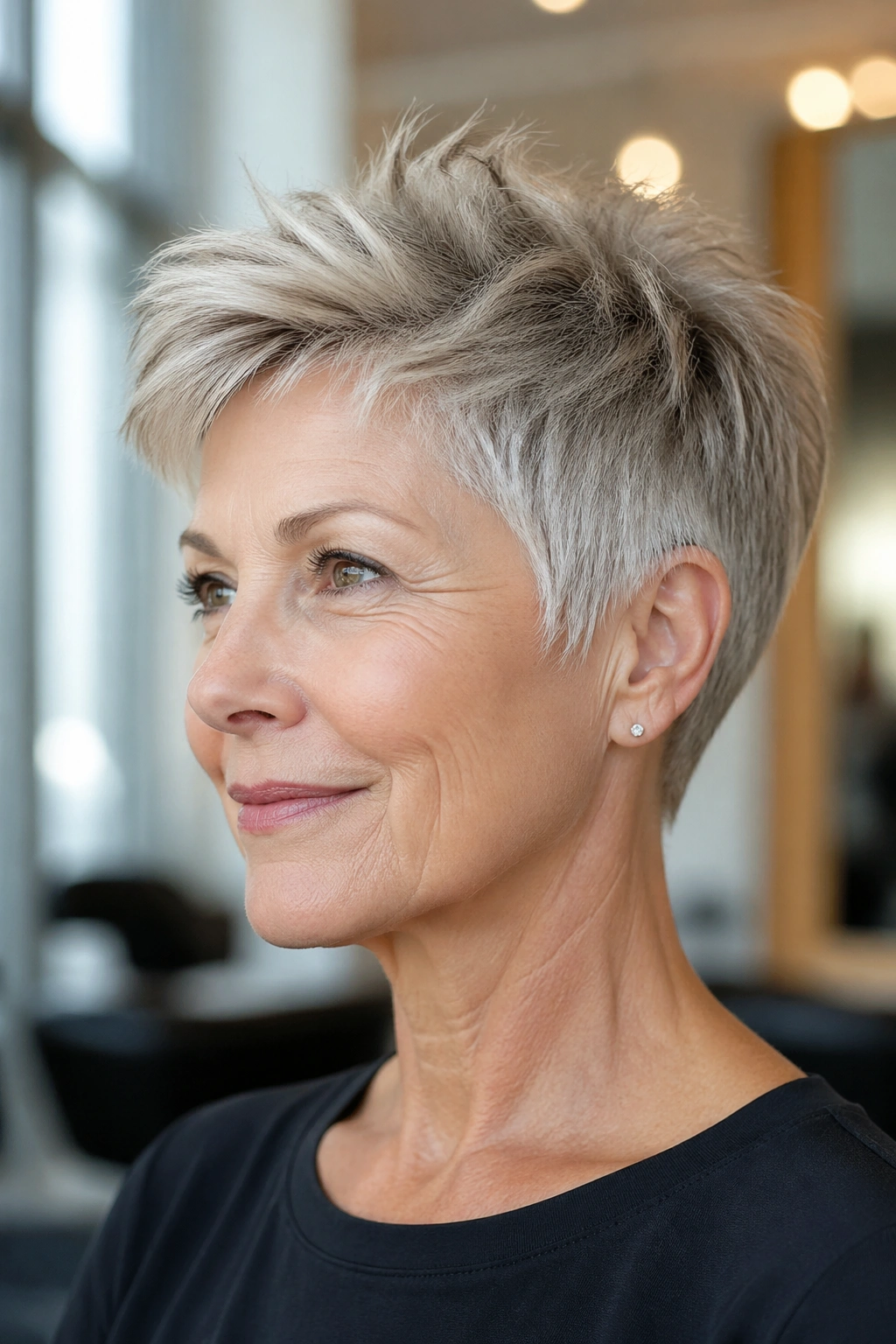 Close-up of a real woman with a cropped pixie shag and crown lift.
