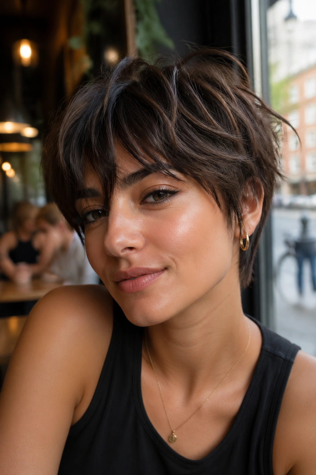 Close-up portrait of a woman with a pixie shag hairstyle