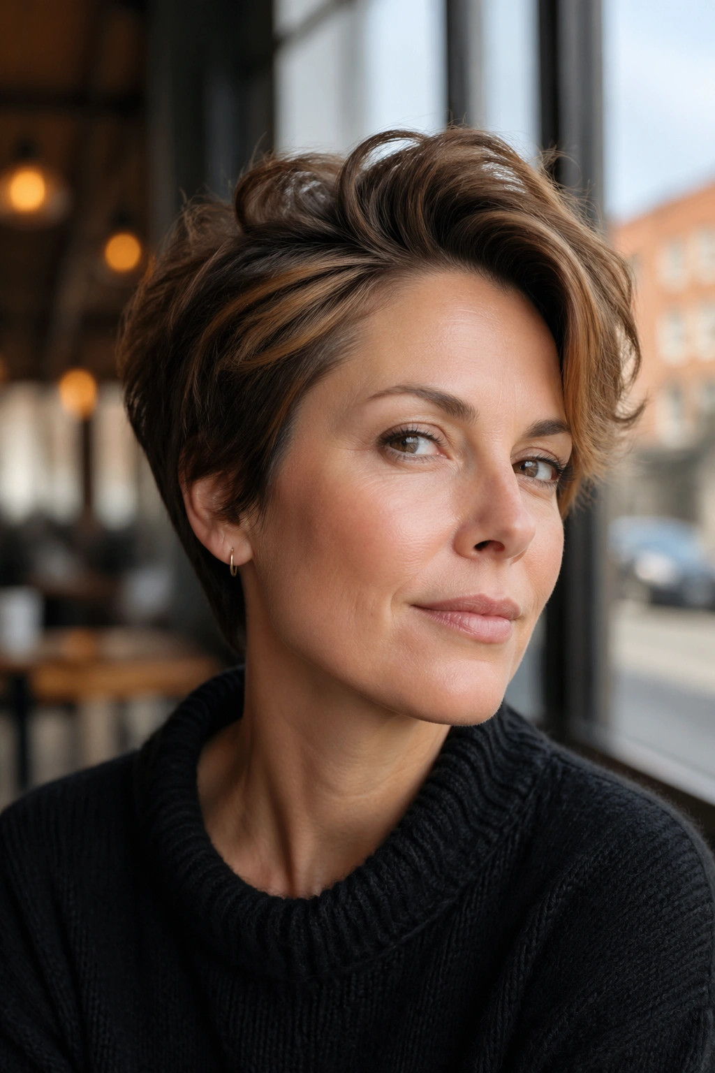 Close-up portrait of a real woman with a grown-out pixie and side volume