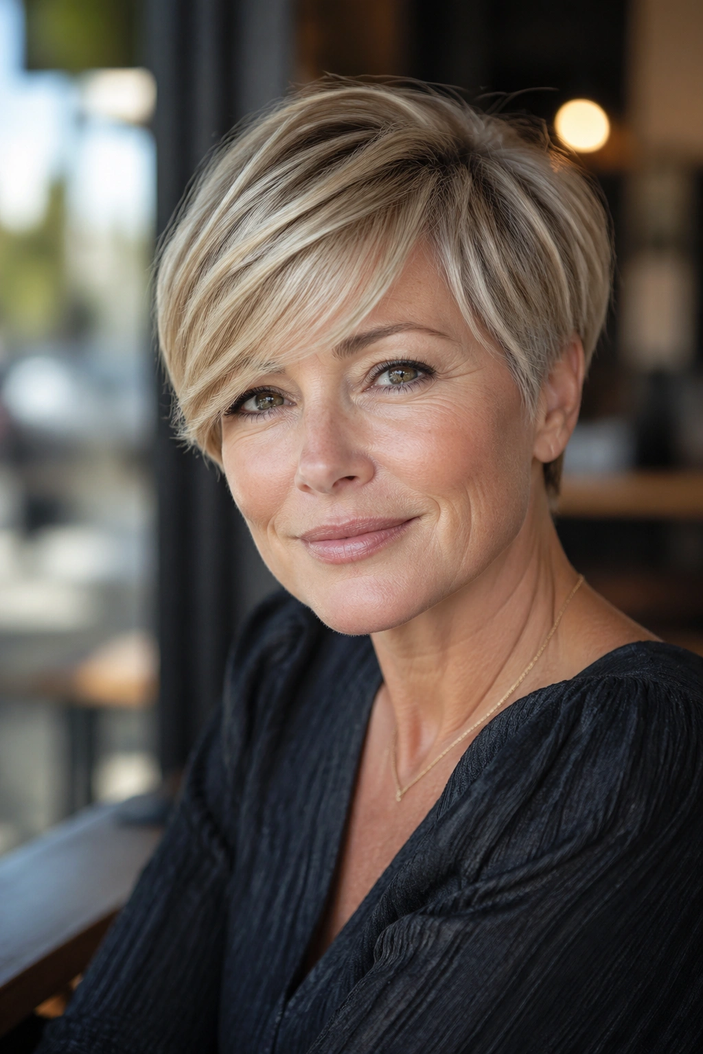 Close-up of a real woman with a pixie cut and sweeping fringe in a cafe setting.