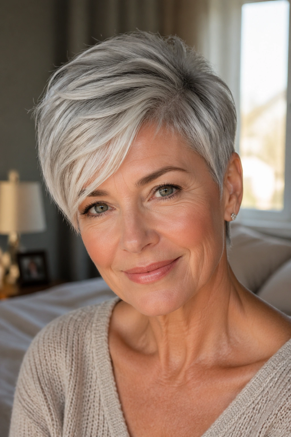Close-up portrait of a real woman with a classic pixie featuring a soft swoop fringe