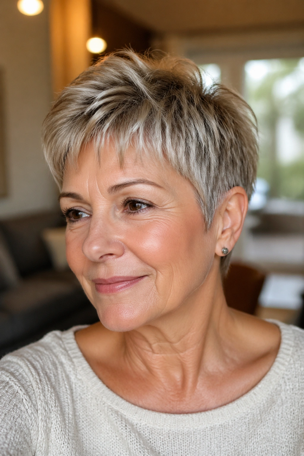 Close-up of a real woman with a wash-and-go pixie and tapered sides in warm natural light