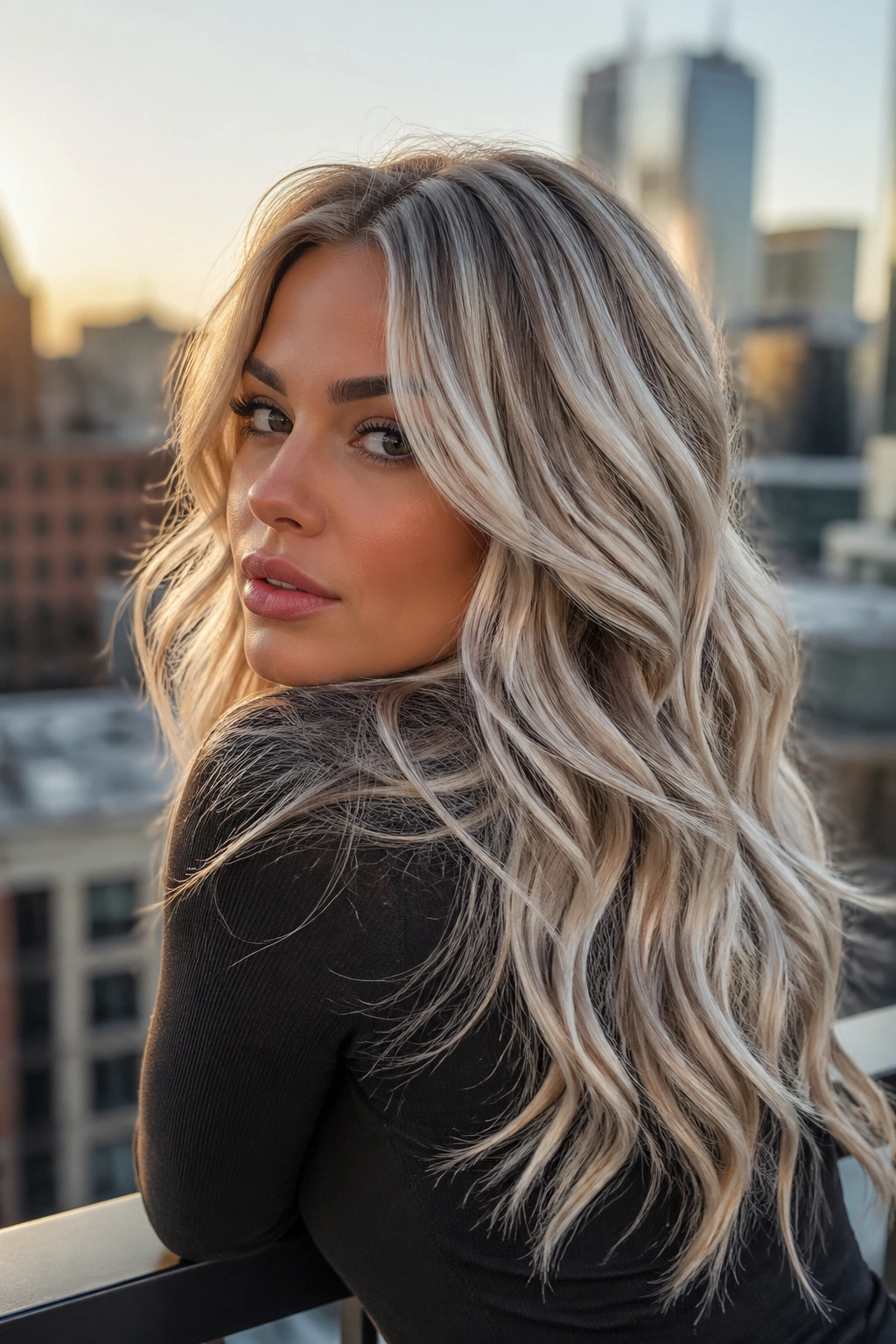 Portrait of a real woman with platinum blonde hair and ash-brown shadows on an urban rooftop