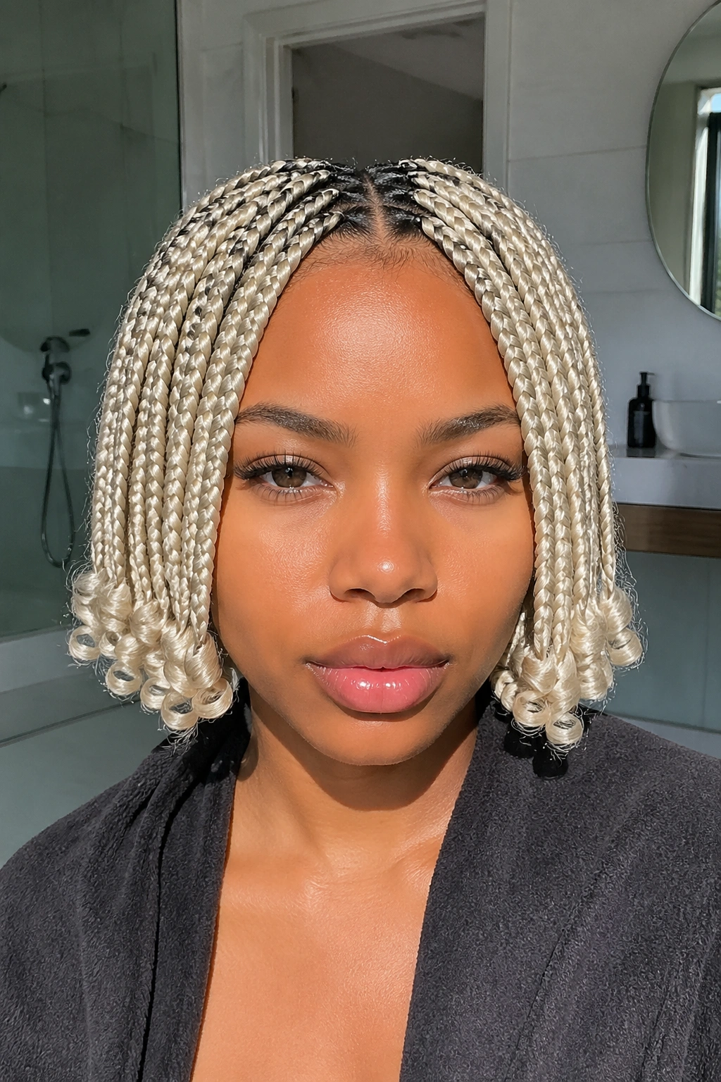 Close-up of a real woman with platinum blonde chin-length box braids and a crisp center part.