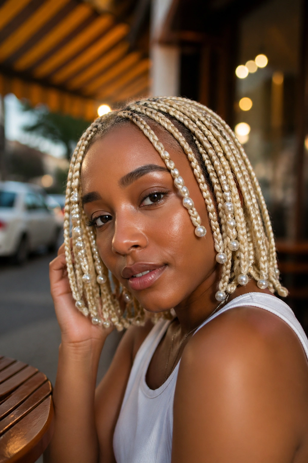 Real person with platinum blonde short box braids and pearl beads