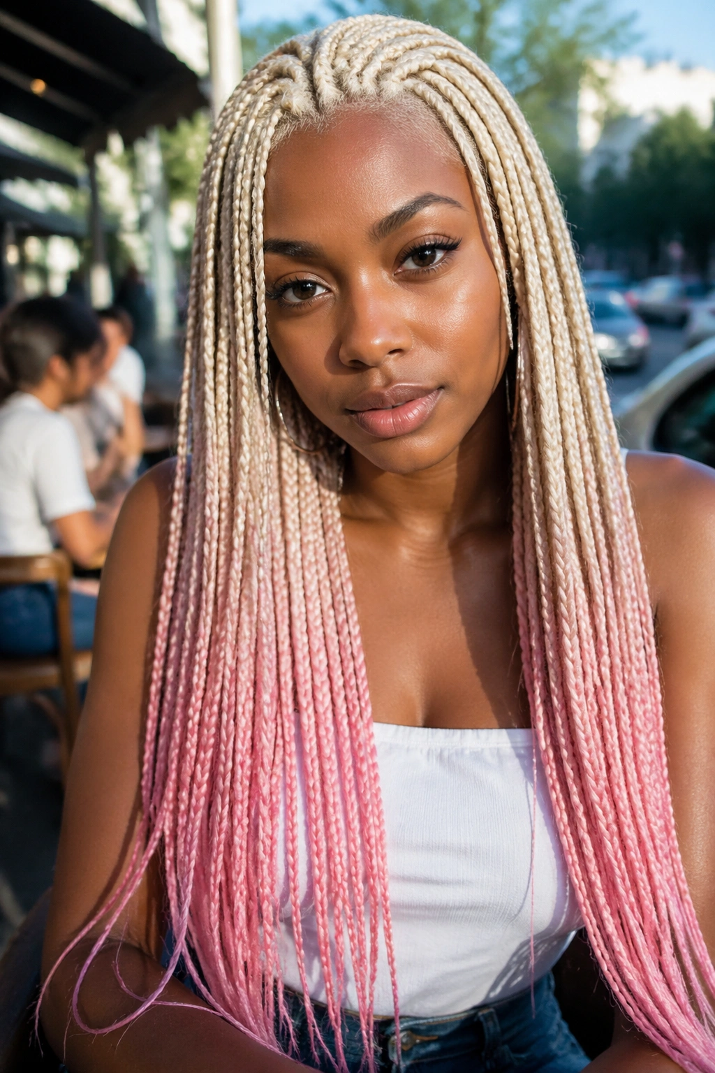 Portrait of a woman with platinum knotless braids and pink tips in outdoor light