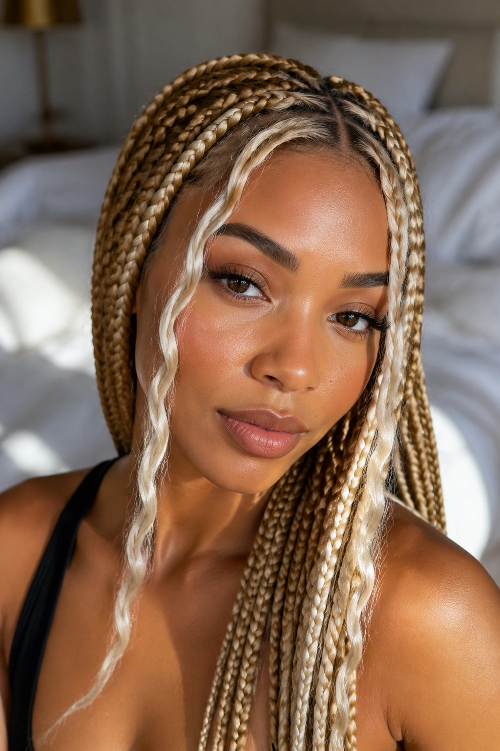 Close-up of a real woman with platinum face-framing pieces in honey-blonde braids