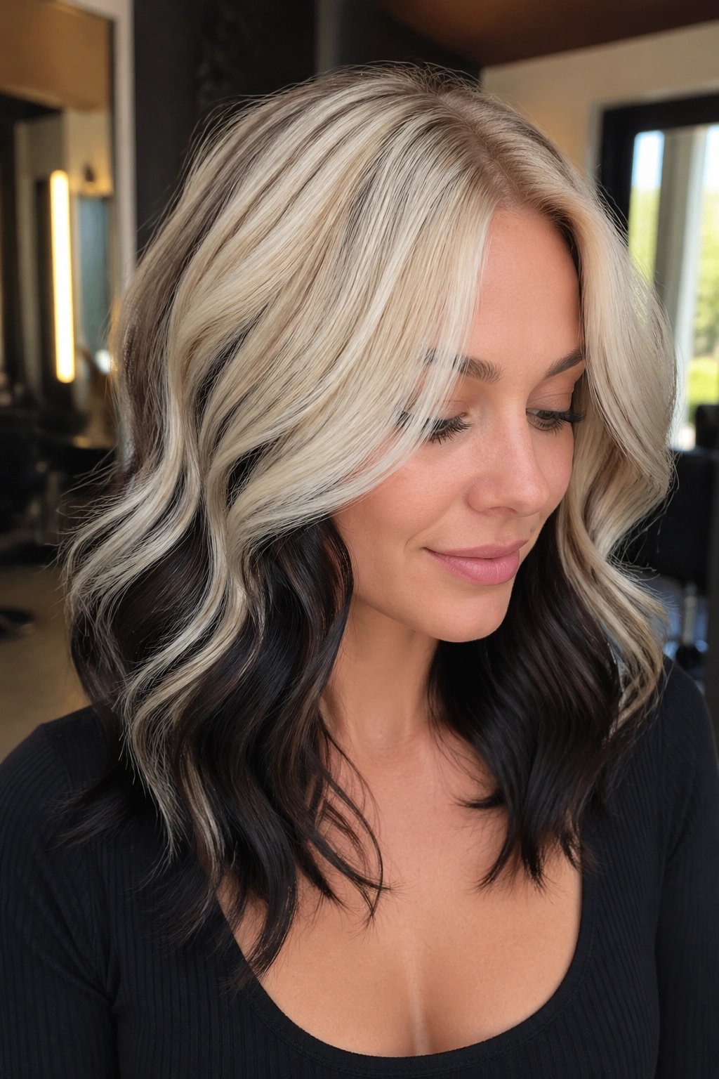 Close-up portrait of a real person with platinum crown highlights and dark lowlights in soft waves