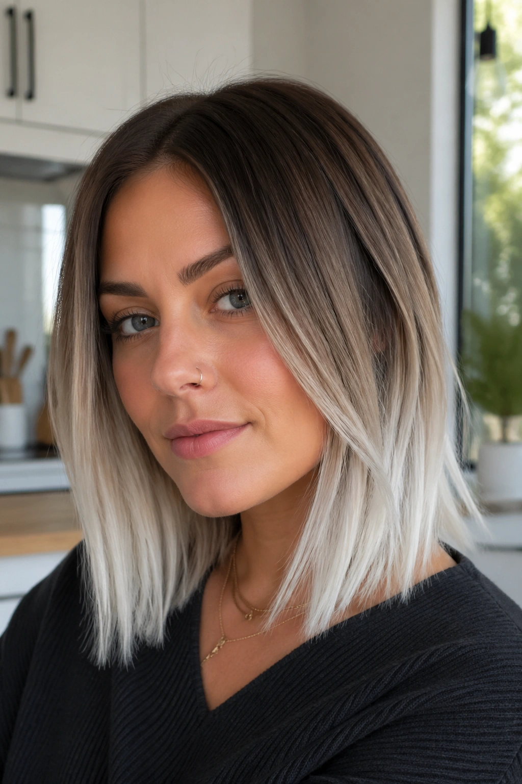 Close-up of a lob with platinum-white ends and dark roots