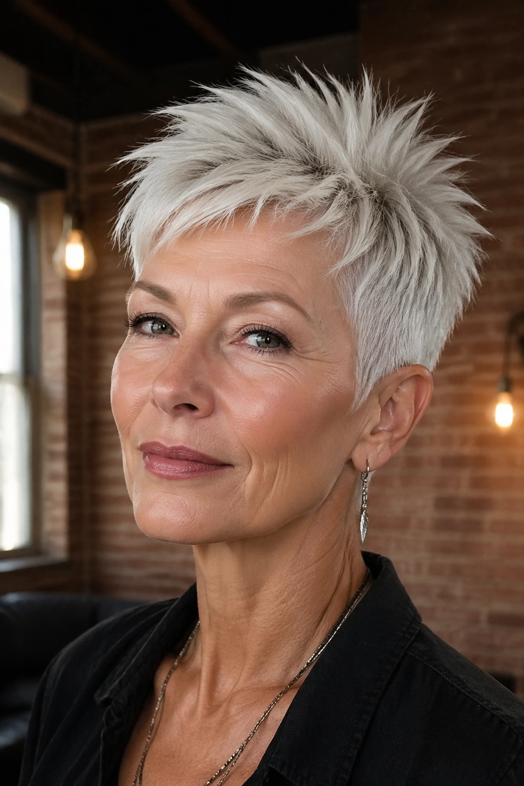 Close-up of a real woman with platinum frosted spike cut in an industrial setting