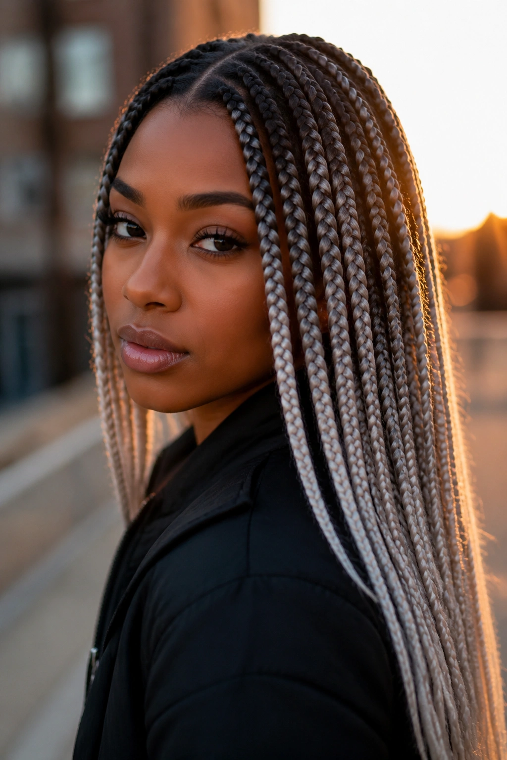 Close-up of a real person with platinum-tipped grey highlighted box braids