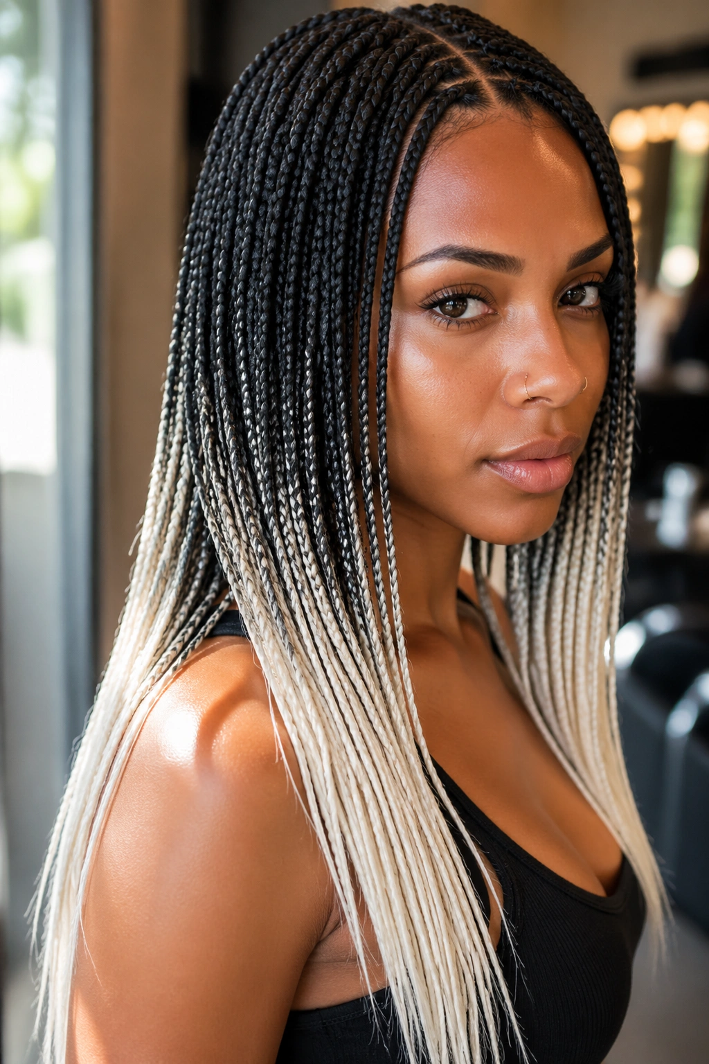 Close-up of real woman with platinum-tipped knotless small braids and pale ends.