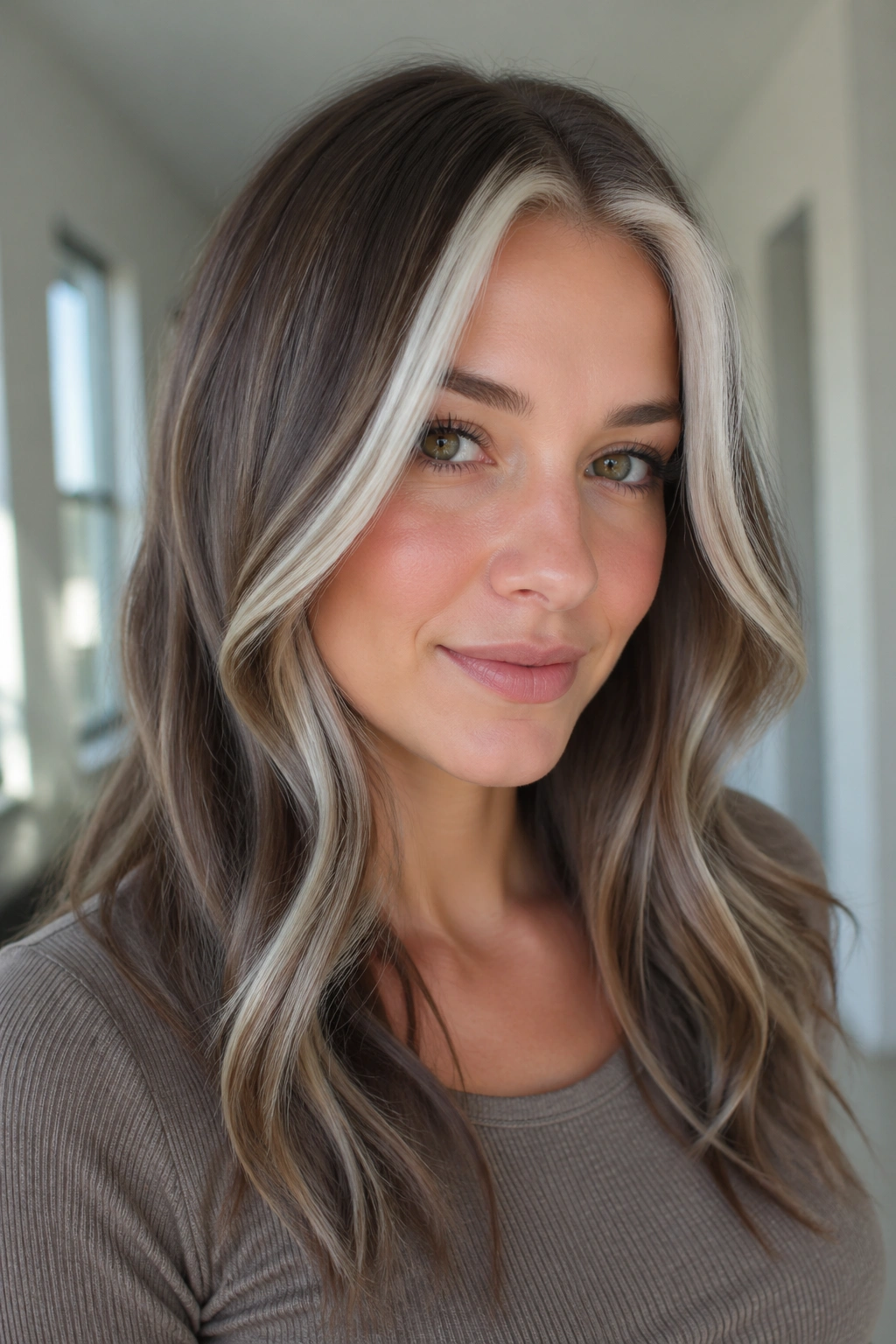 Close-up of a person with a platinum money piece on ash brown hair framing the face.
