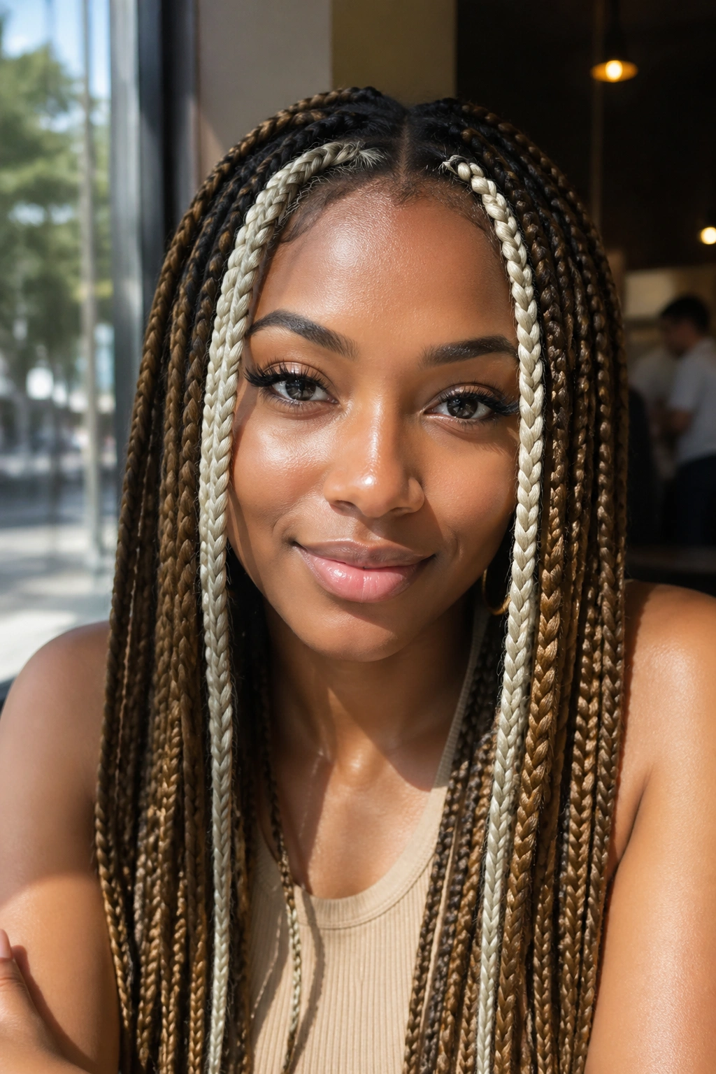 Real woman with platinum money pieces in front boxes braids