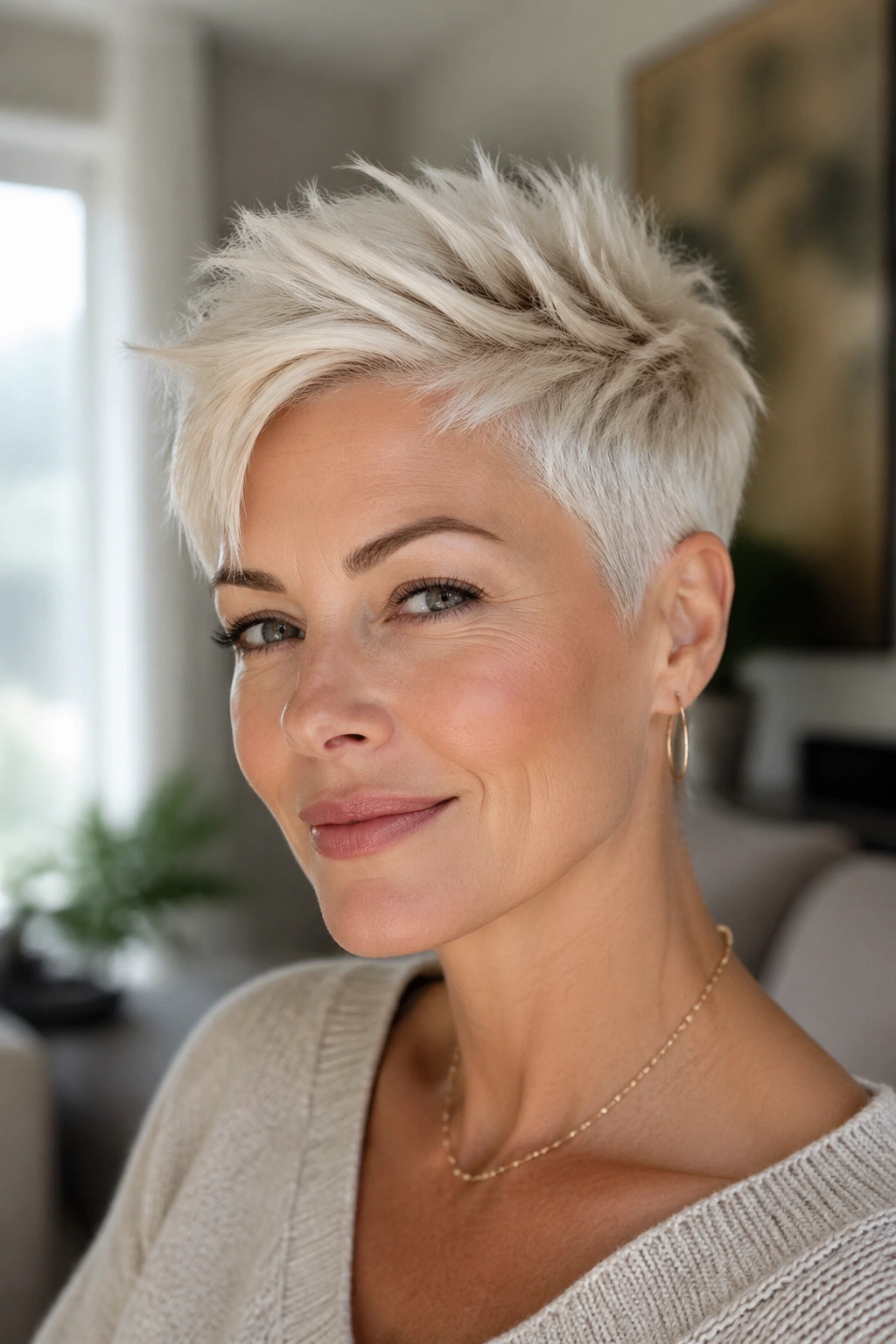 Close-up portrait of a real woman with a platinum pixie and feathered crown in window light