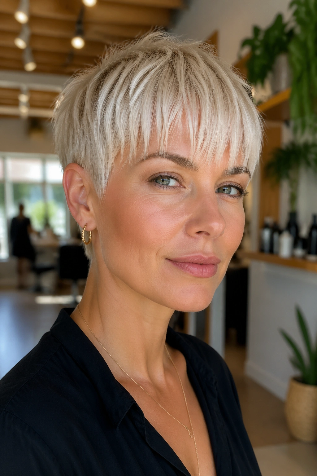Close-up portrait of a real woman with platinum pixie and choppy bangs.