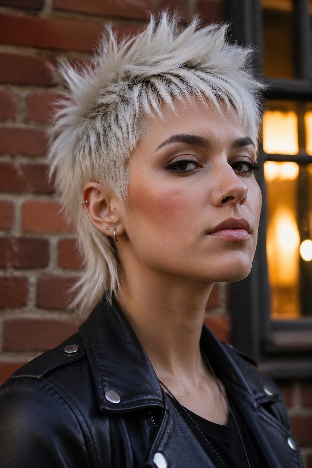 Close-up of a real person with platinum spiky pixie mullet showing textured top and longer back.