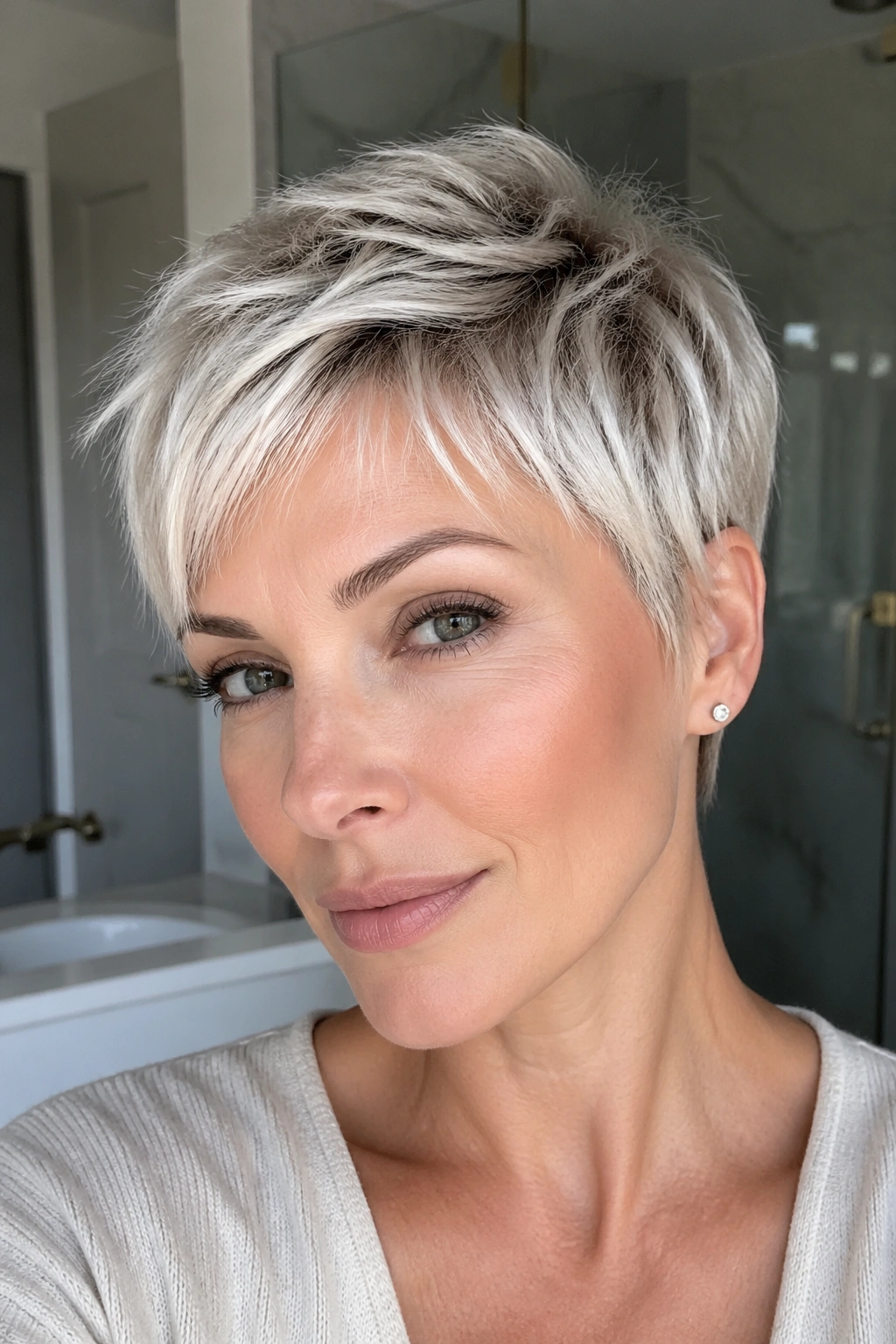 Close-up portrait of a real person with platinum pixie and root shadow showing depth in blonde texture