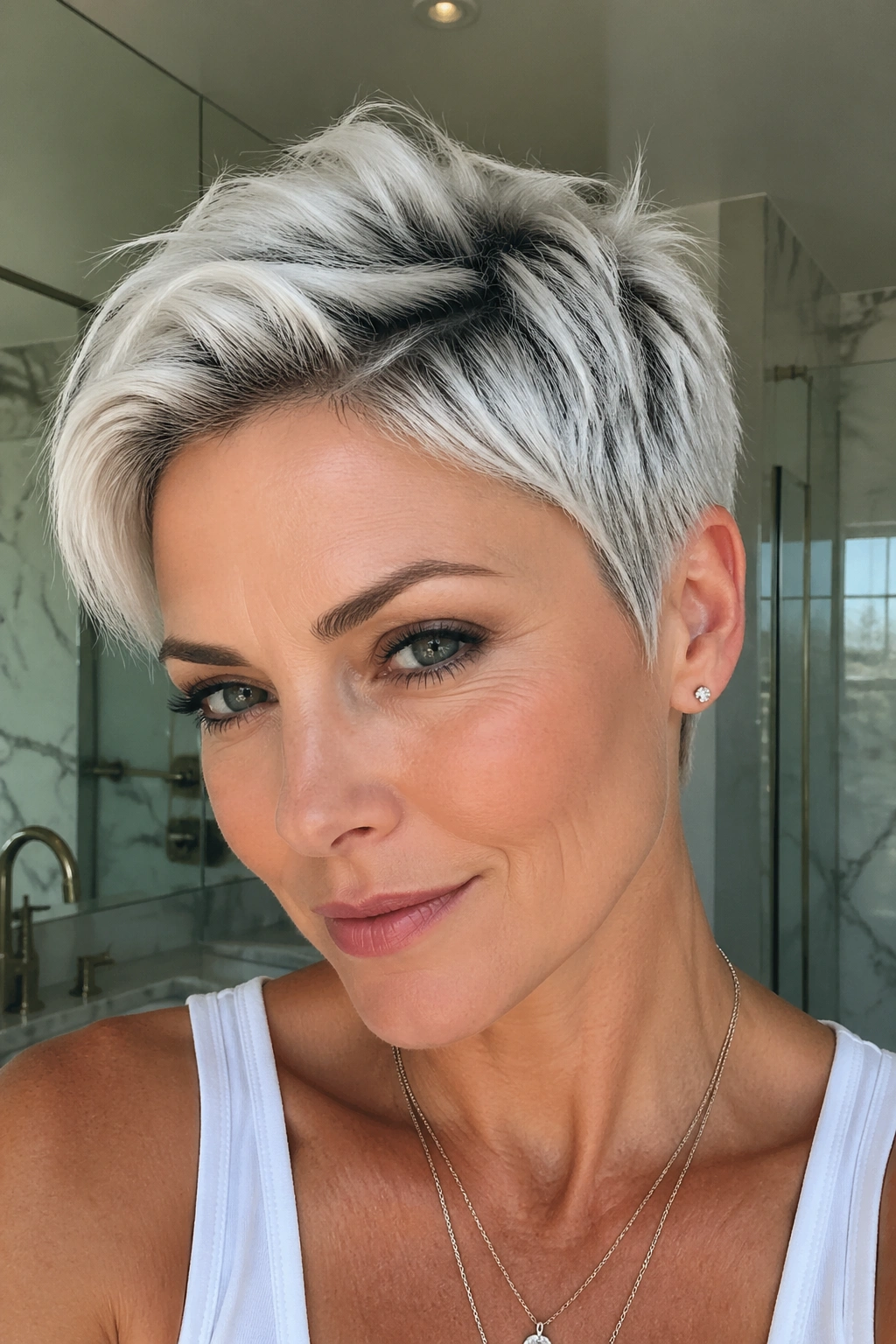 Portrait of a woman with platinum pixie and smudged roots.