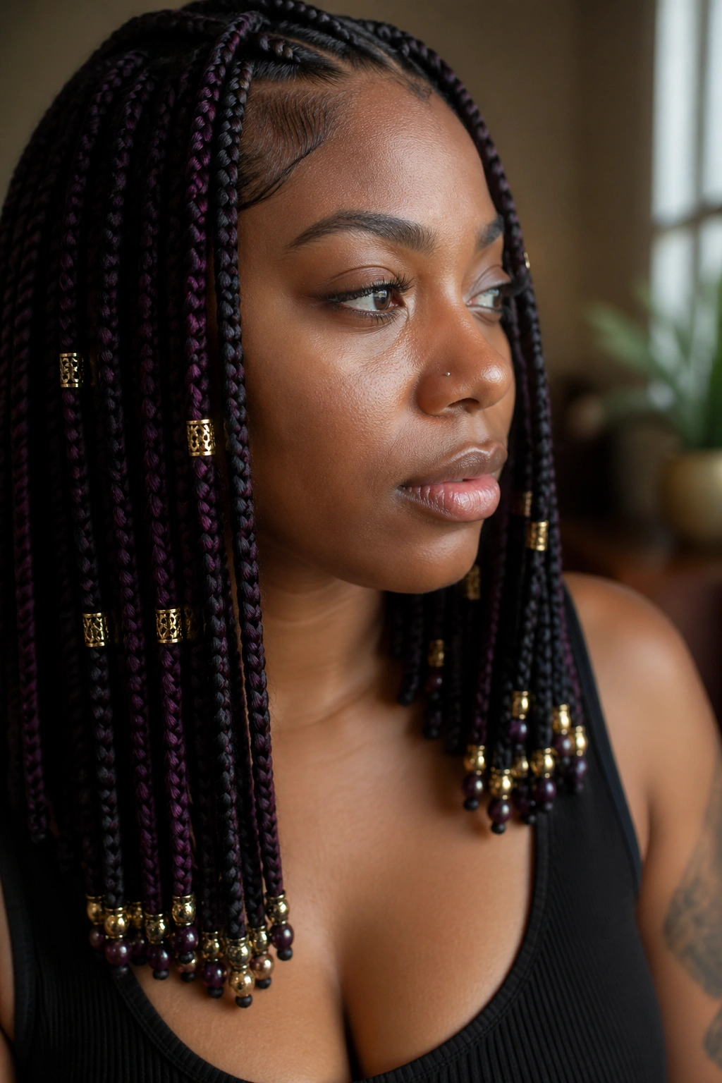 Close-up of a real person wearing plum-panel braids with gold cuffs and beads