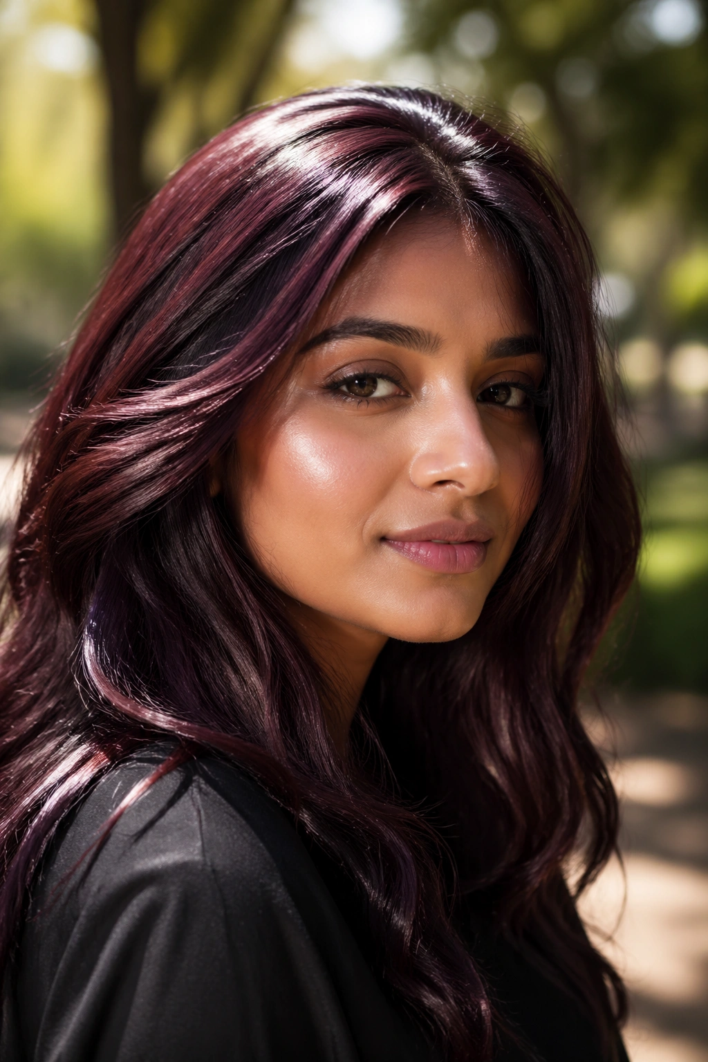 Close-up portrait of plum brown hair in natural sunlight outdoors