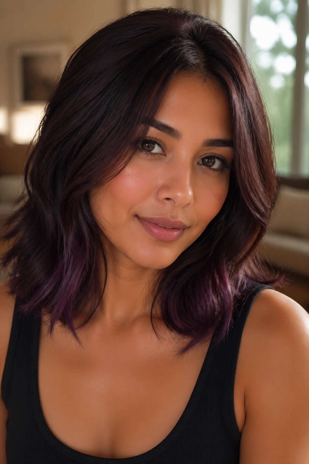 Close-up portrait of a real woman with plum brown hair and violet undertones on morena skin