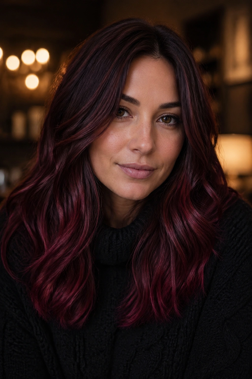 Close-up of plum brown to mulled wine ombre on a real woman in warm indoor lighting