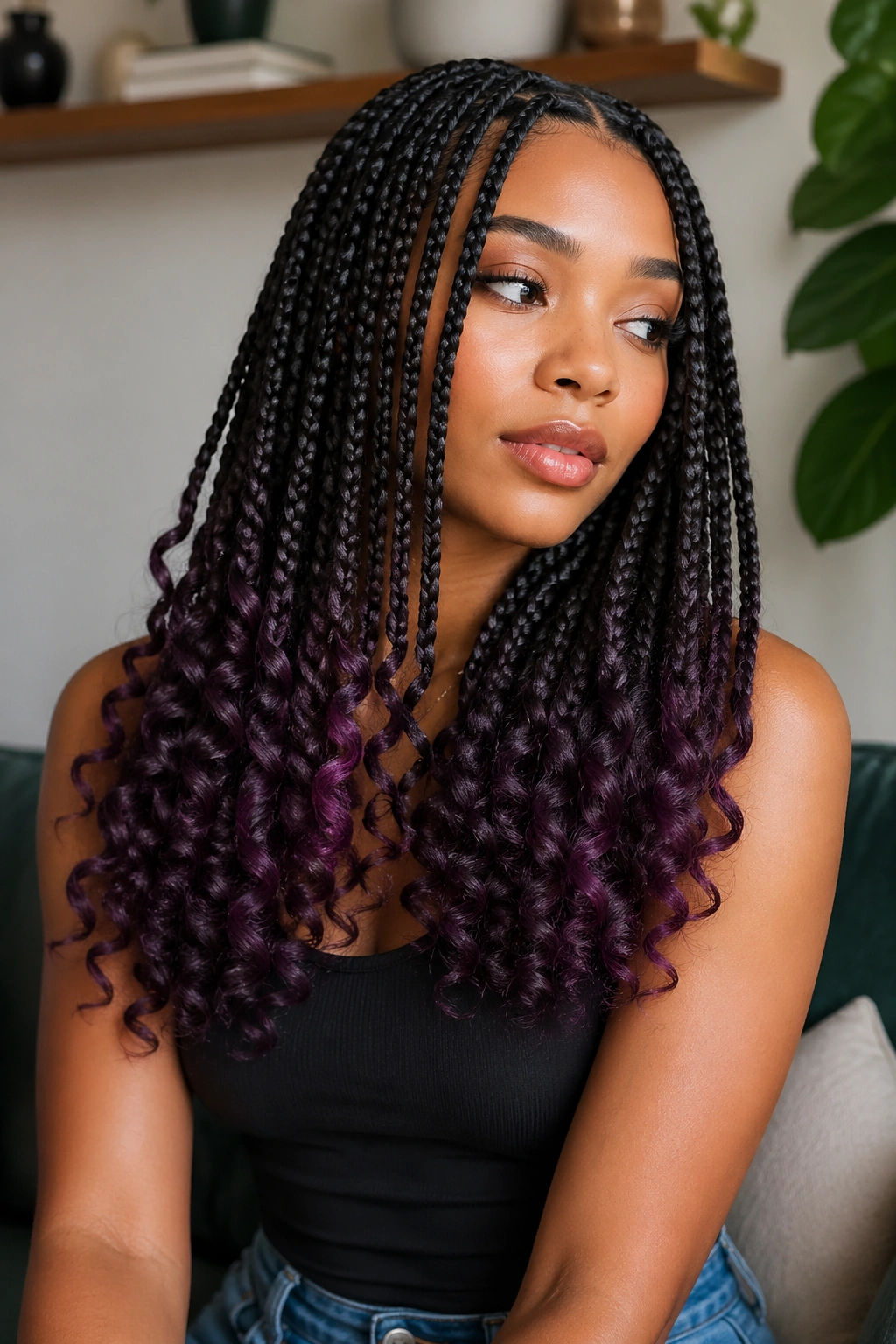 Real woman with box braids ending in plum curls, plum color at the ends.