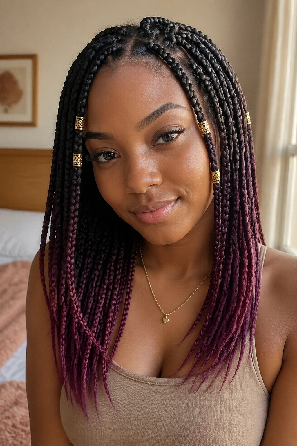 Close-up of a real person with plum ends and gold cuffs in small ombré box braids