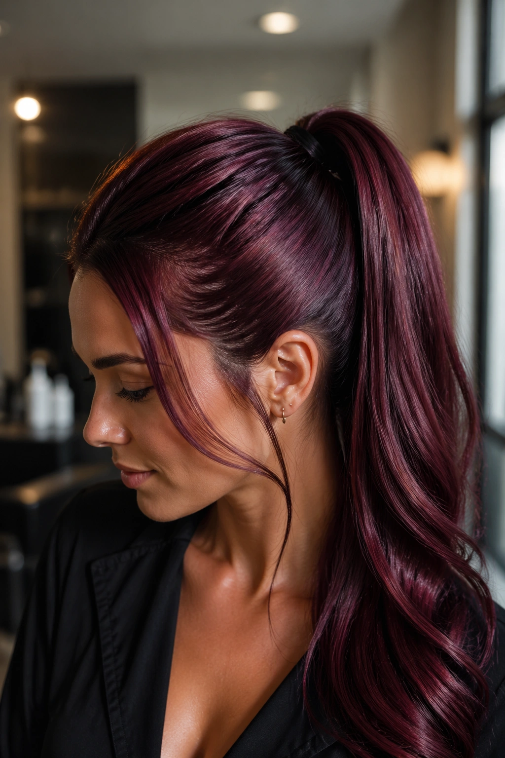 Close-up of a woman with plum-mahogany hair in a sleek ponytail under warm salon light.