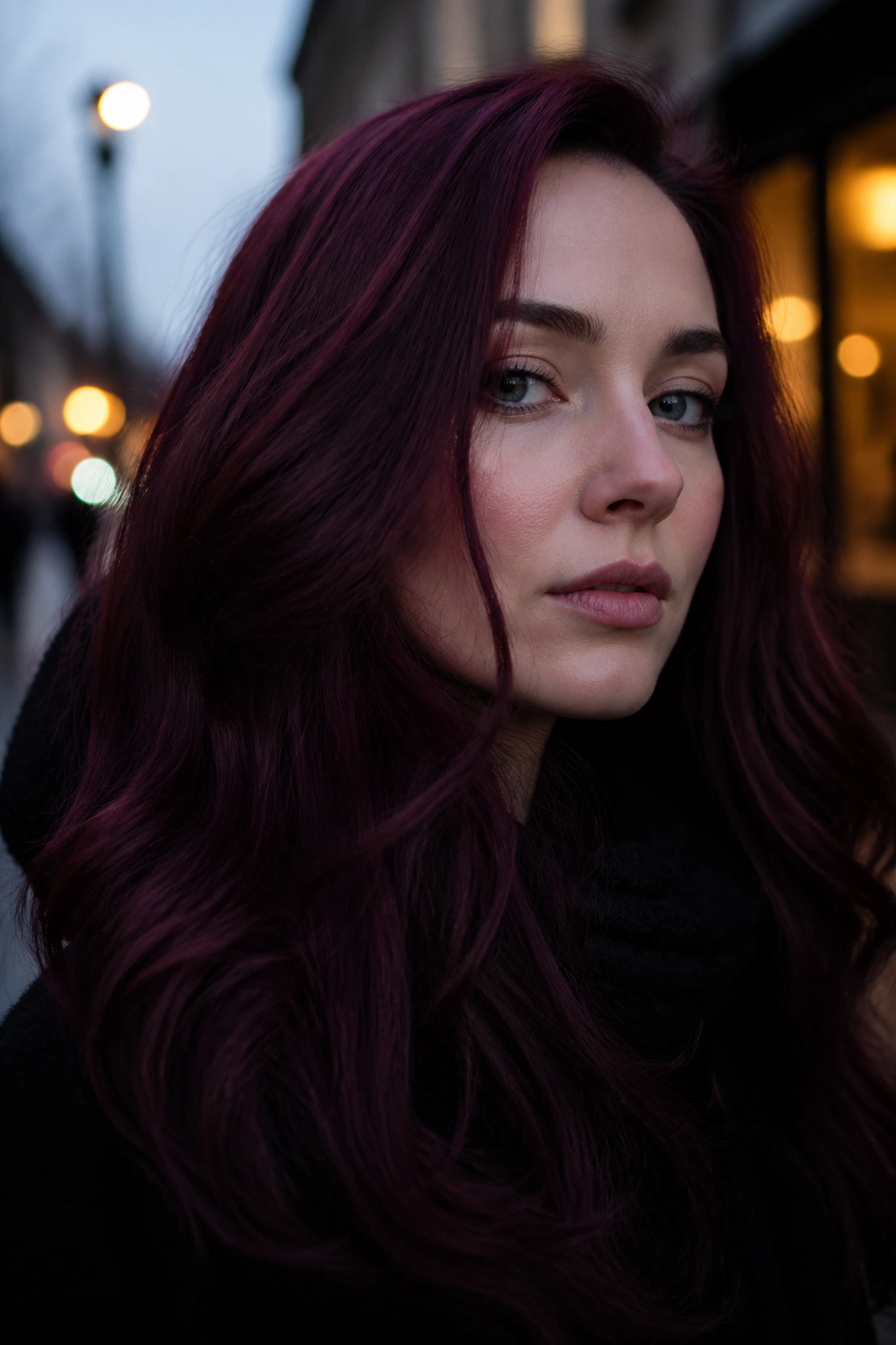 Close-up Plum Noir hair with purple-leaning red tones