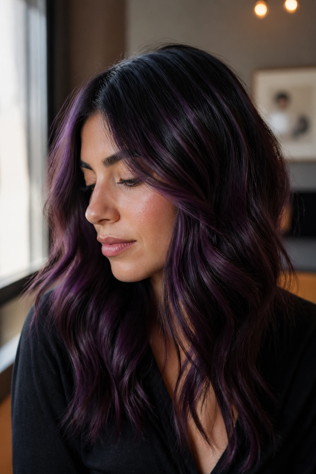 Close-up of dark hair with plum-violet balayage and violet highlights.