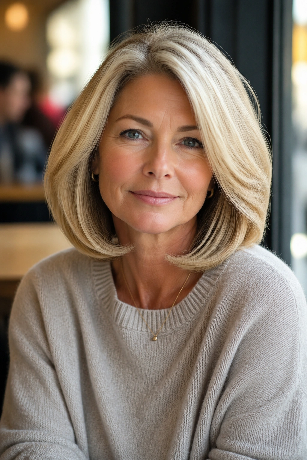 Close-up portrait of a real woman with a polished blowout lob and side volume.