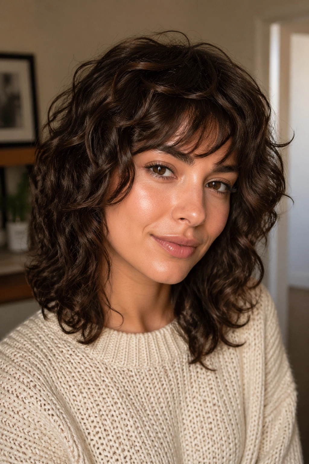 Close-up portrait of a real woman with a polished curl-boosting shag featuring defined curls and glossy shine.