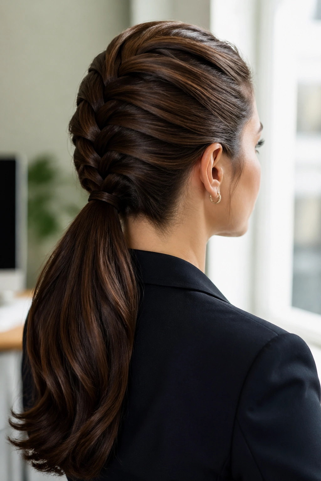 Close-up of real woman with a polished office French braid ponytail