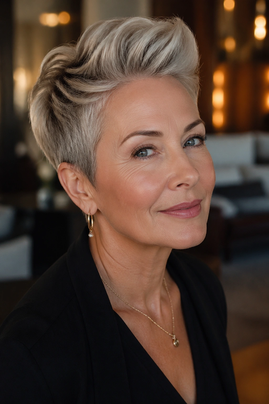 Close-up portrait of a real woman with a pompadour pixie and lift