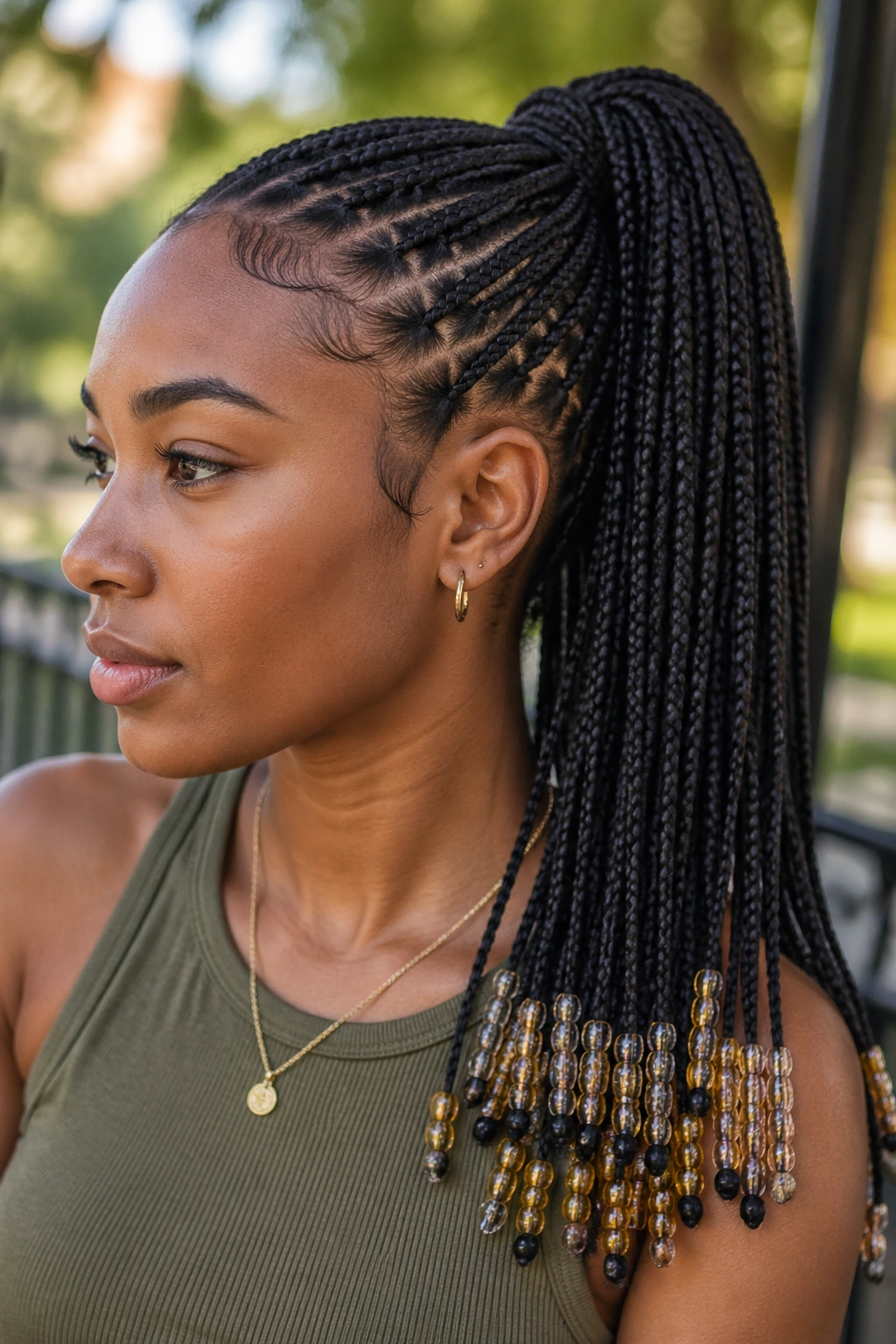 Real person with a ponytail featuring beaded ends
