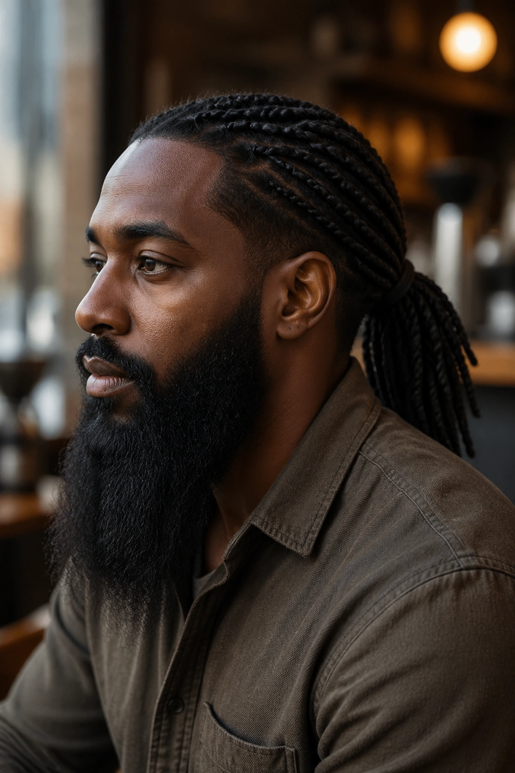 Man with twist braids tied into a ponytail and a long beard