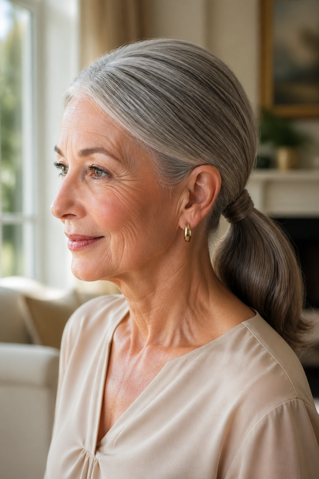 Close-up of a real woman with a sleek low ponytail and wrapped base in warm window light