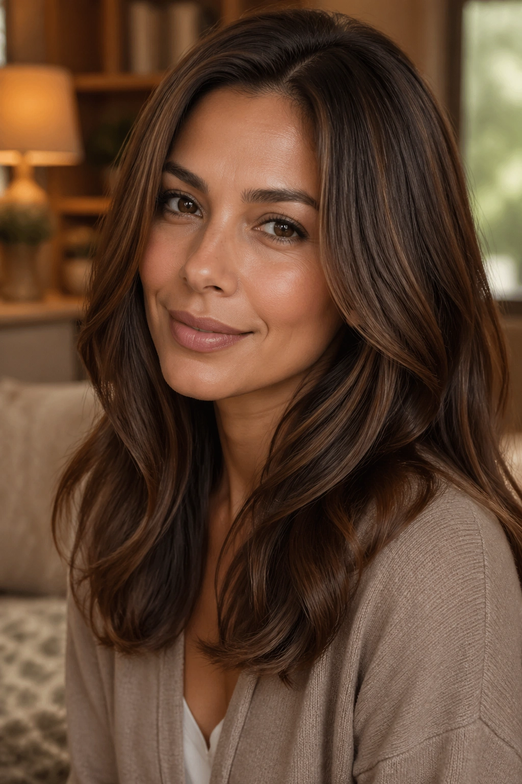 Close-up of a woman with praline brown hair in warm home lighting