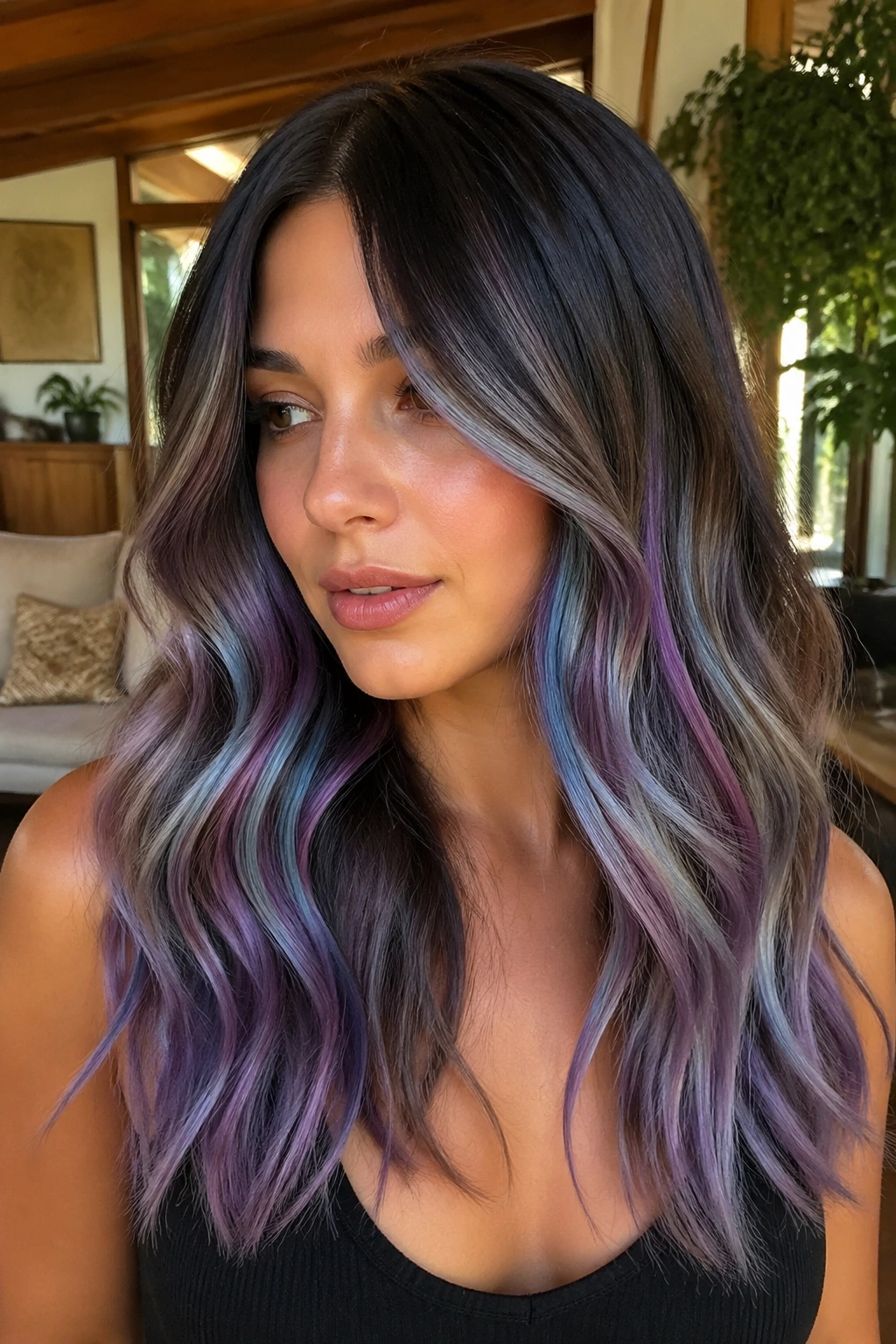 Close-up portrait of a real woman with prism melt on a deep brunette base.