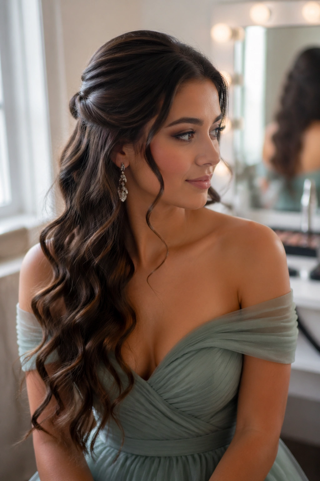 Close-up of a real woman with long hair styled to match a formal dress neckline