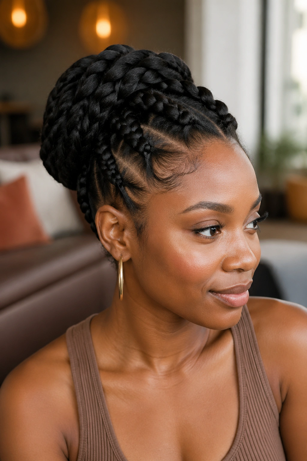 Real woman in a protective updo braid-out with tucked ends